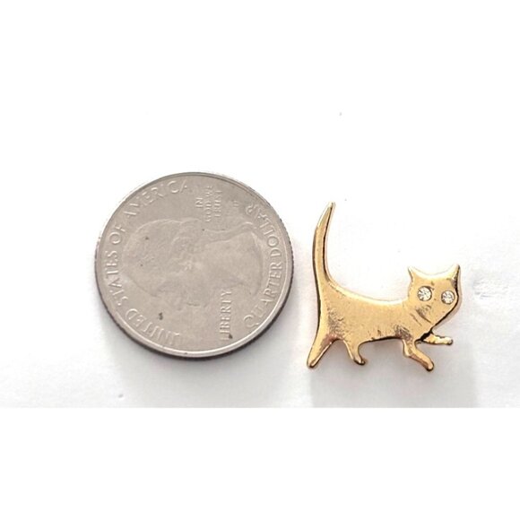Cat Kitten Walking Gold-Tone Lapel Pin With Rhinestone Eyes Small Brooch - Picture 2 of 3